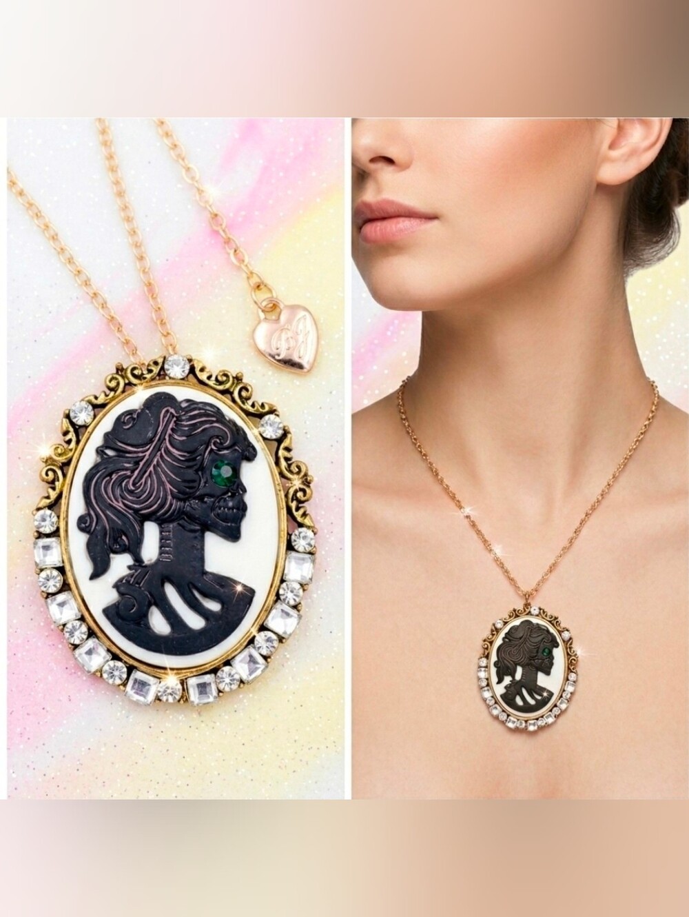 Gold plated green and white crystal cameo skull woman necklace/brooch